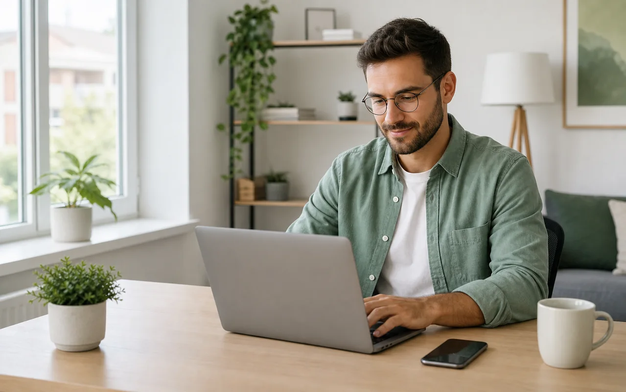 Fictional person using a laptop and phone in a bright home office.