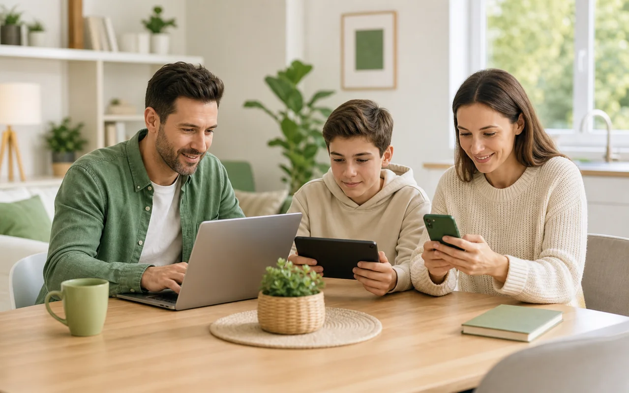 Fictional family using a laptop, tablet, and phone in a bright home.